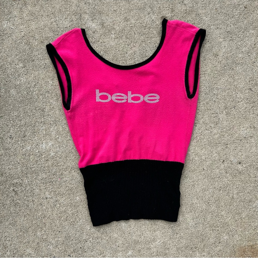 Y2K Bebe pink and black short sleeve top with bedazzles rhinestones open back